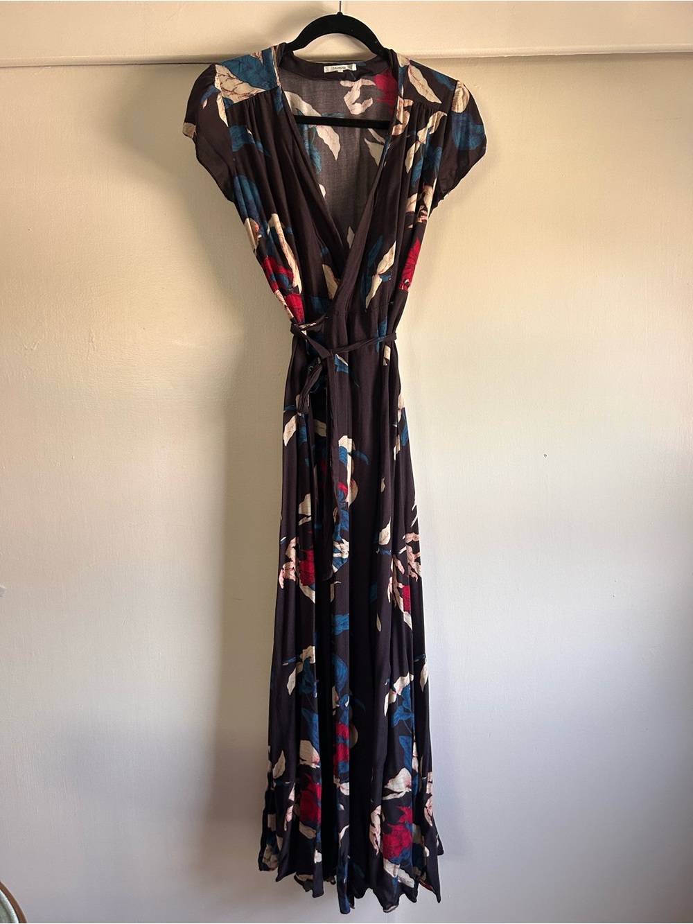 Tularosa Black Floral Wrap Maxi Dress with Blue & Red Accents